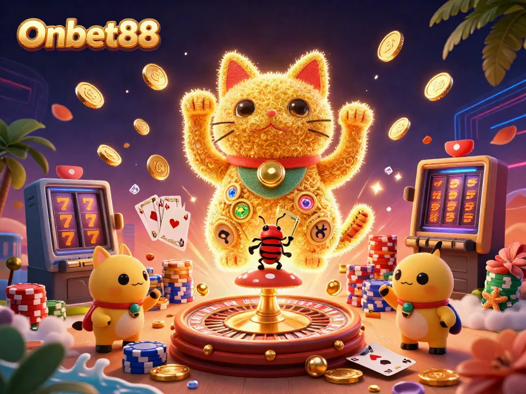 Experience excitement at Onbet88 with a vibrant 3D scene of a lucky cat and shimmering casino elements.