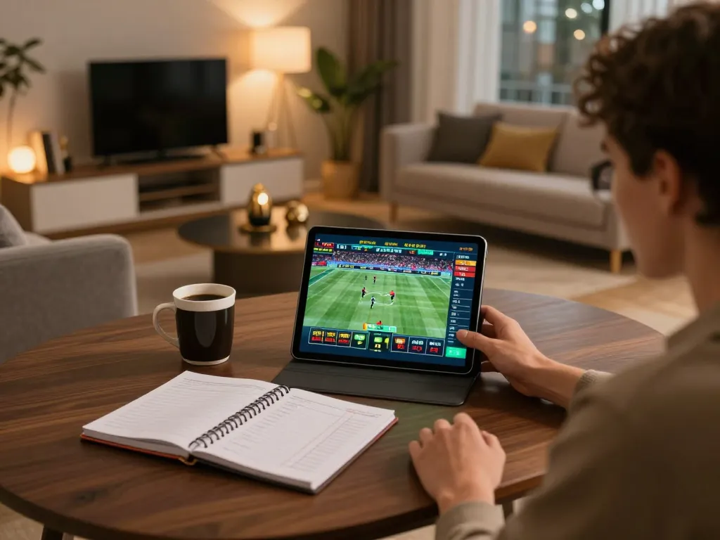 Person engaging in online sports betting with NK88 tablet in a cozy home setting
