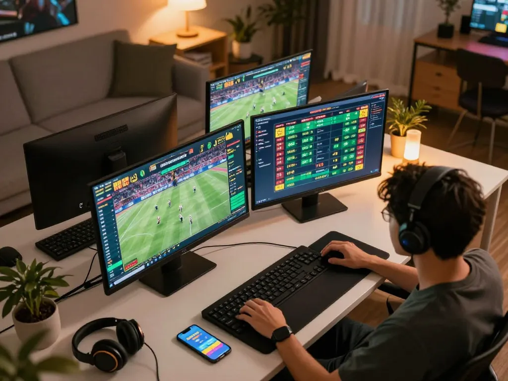 Person engaged in online sports betting on bong88 app with multiple screens displaying live events.