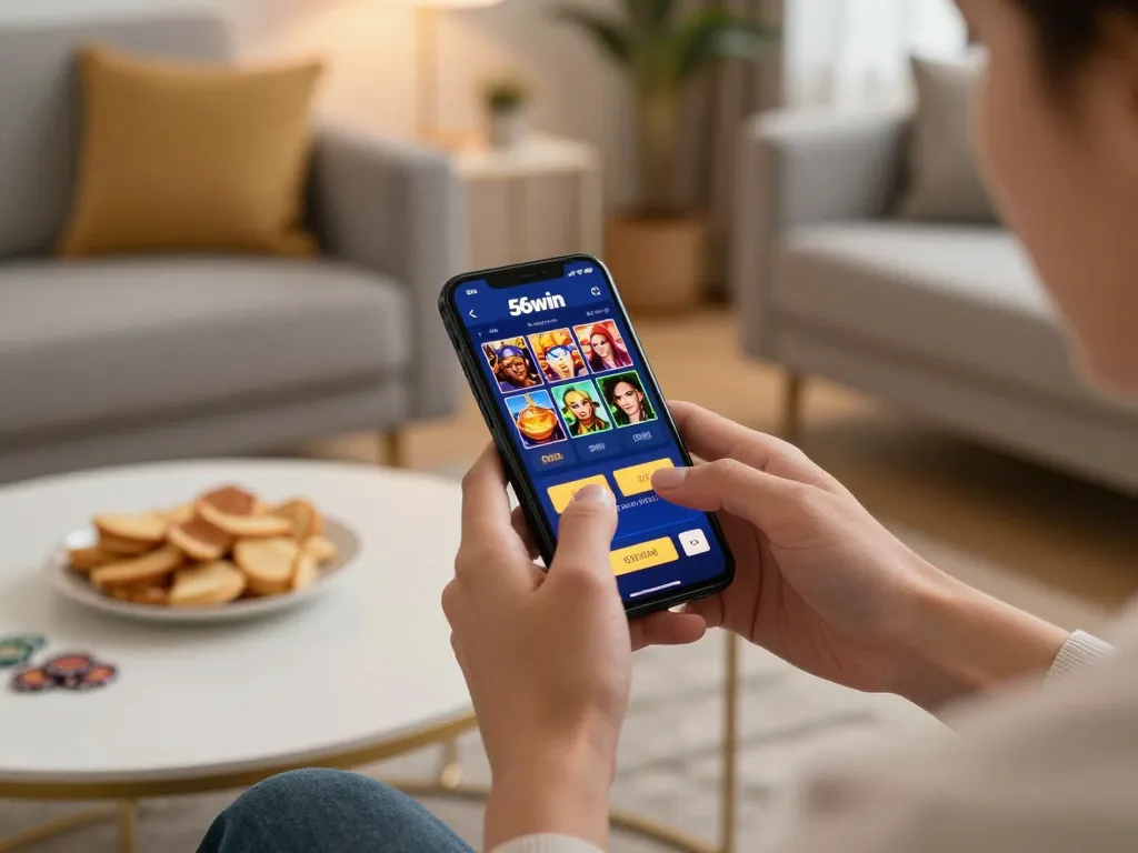 Person playing on 56win app in a cozy home setting, showcasing strategic online gaming.
