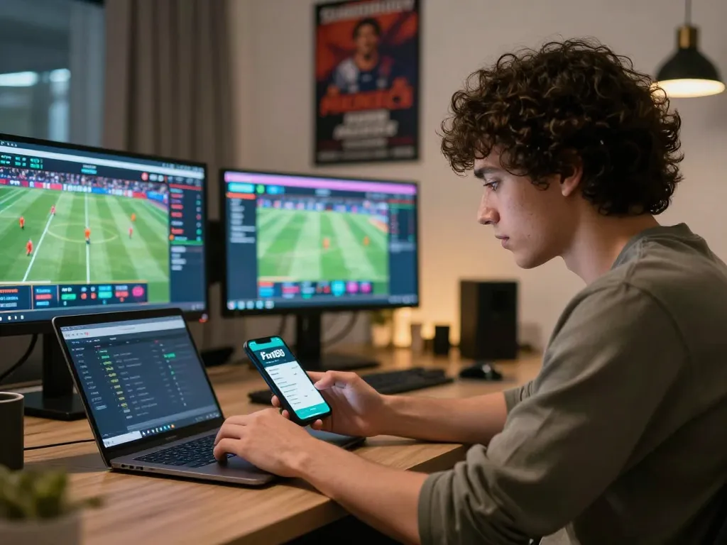 Engaged player using Fun88 app for sports betting strategy in a modern home office.