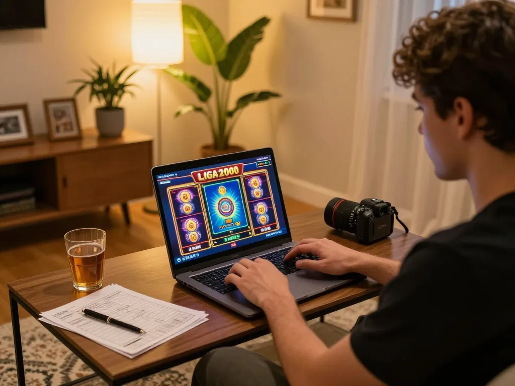 LIGA2000 player enjoying engaging slot games on laptop in cozy home setting