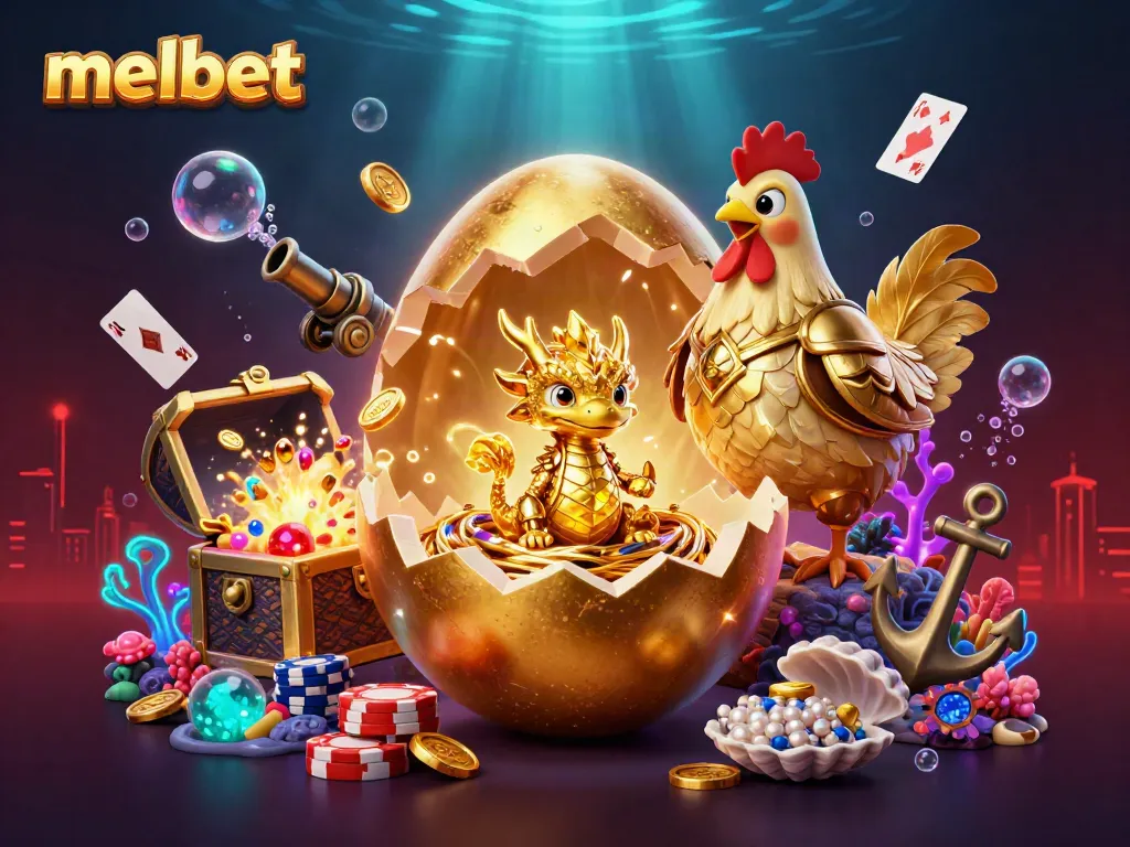 Engage with melbet's golden gaming adventures featuring a baby dragon and poker chips in a vibrant 3D scene.