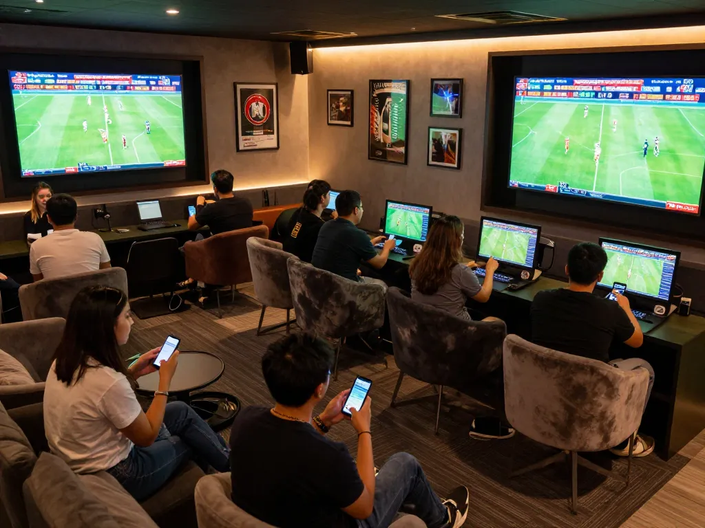 Engaging scene of sports fans participating in kèo bóng đá trực tuyến betting, surrounded by live match screens and lively atmosphere.