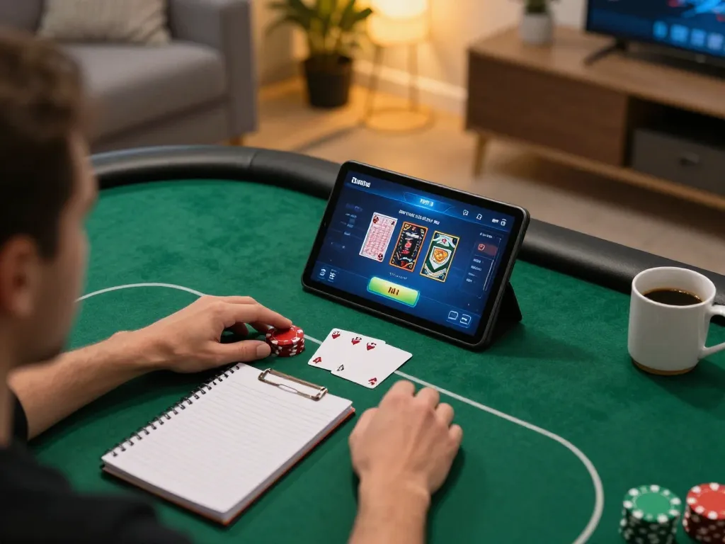 Engaging in online gaming with ok365 đăng nhập showing poker strategy notes in a cozy living room.