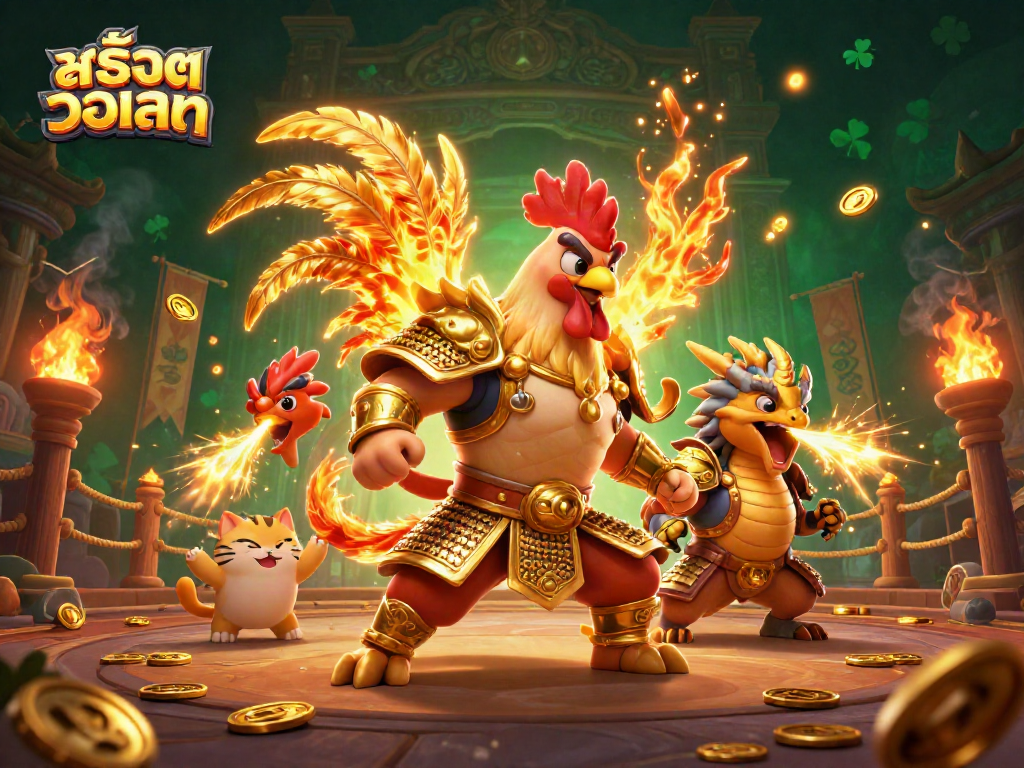 เล่นสล็อตวอเลท within a vibrant 3D scene featuring a powerful rooster warrior and dragon hatchling.