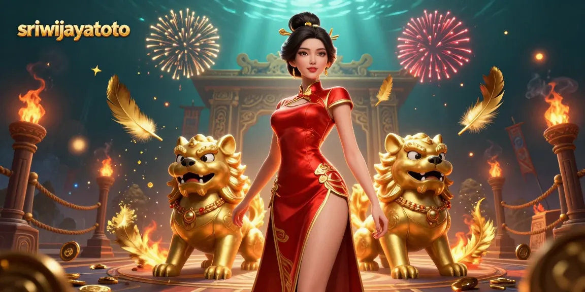 Sriwijayatoto showcases a glamorous woman amidst golden foo dog guardians, enhanced with dynamic casino elements.