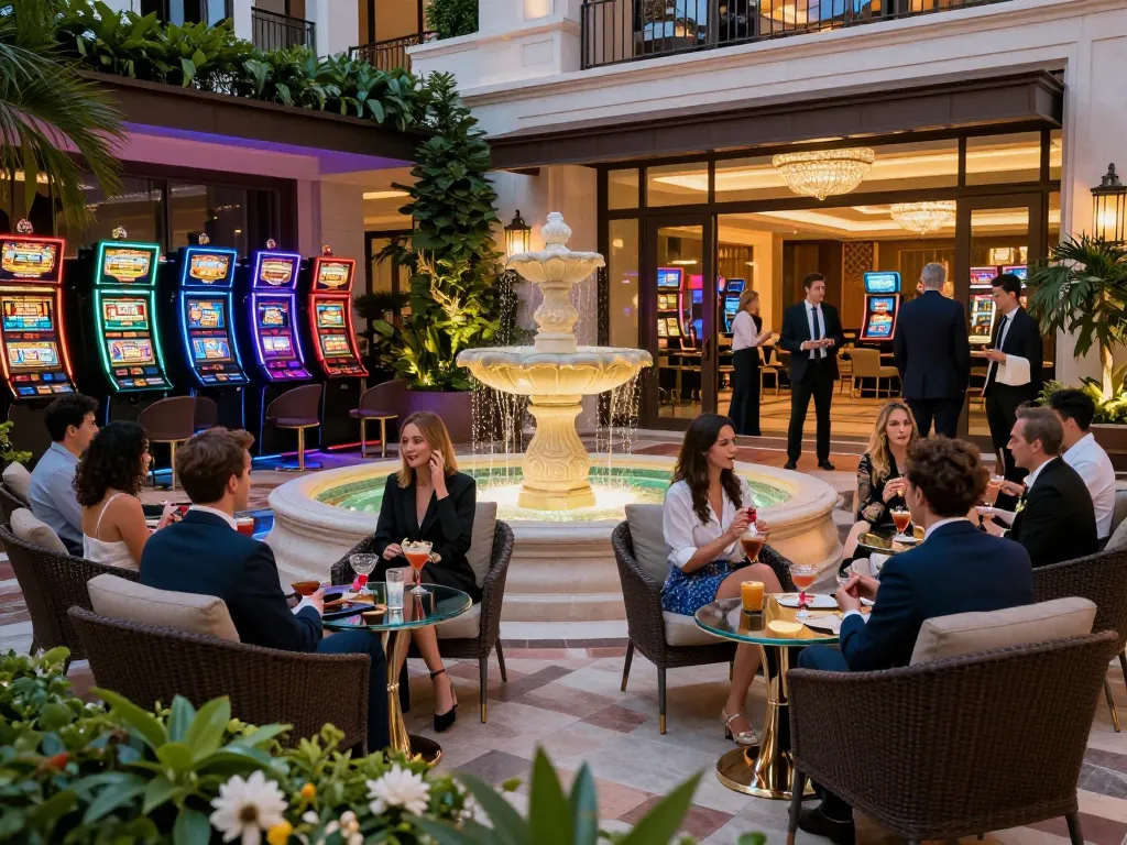 Guests enjoying drinks in the stylish courtyard at tr88 trang chủ, capturing a vibrant casino atmosphere.