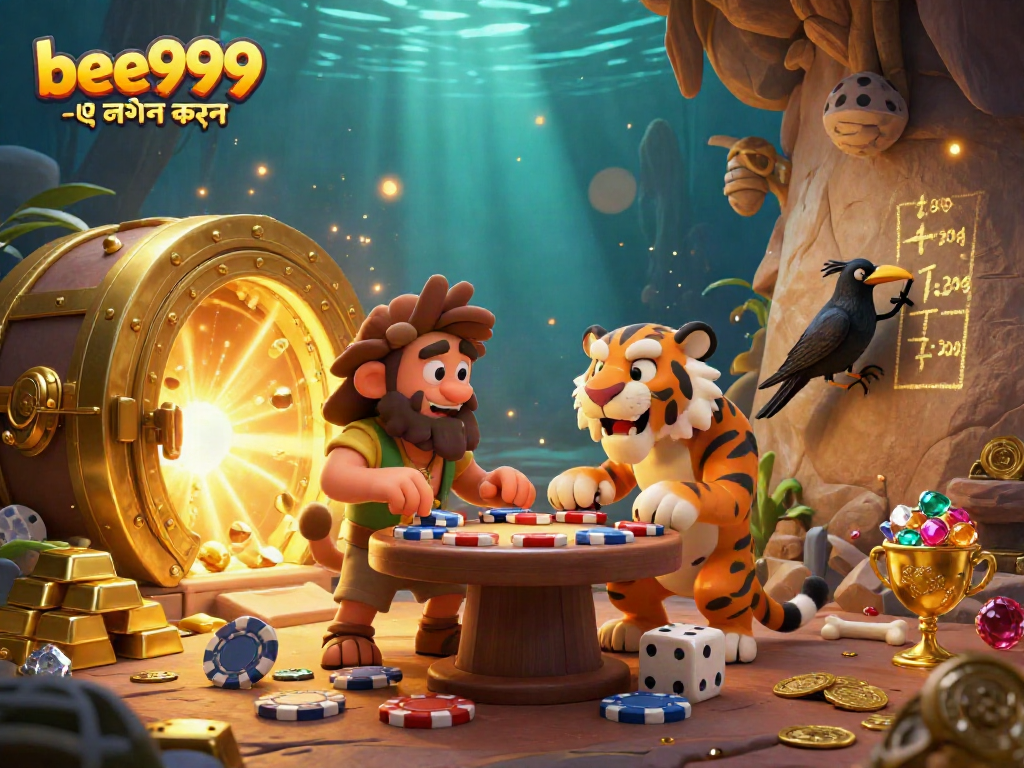 Experience the thrill of casino gaming with bee999 -এ লগইন করুন in this vibrant 3D illustration.