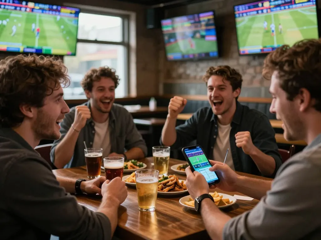 Excited group engaging in sports betting at home using hm88 bet app, creating a lively atmosphere with multiple screens.