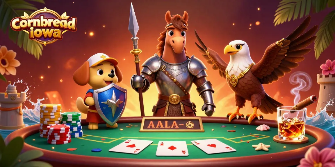 Cornbreadiowa invites players with an engaging gambling scene featuring a knight and puppy beside a poker table.