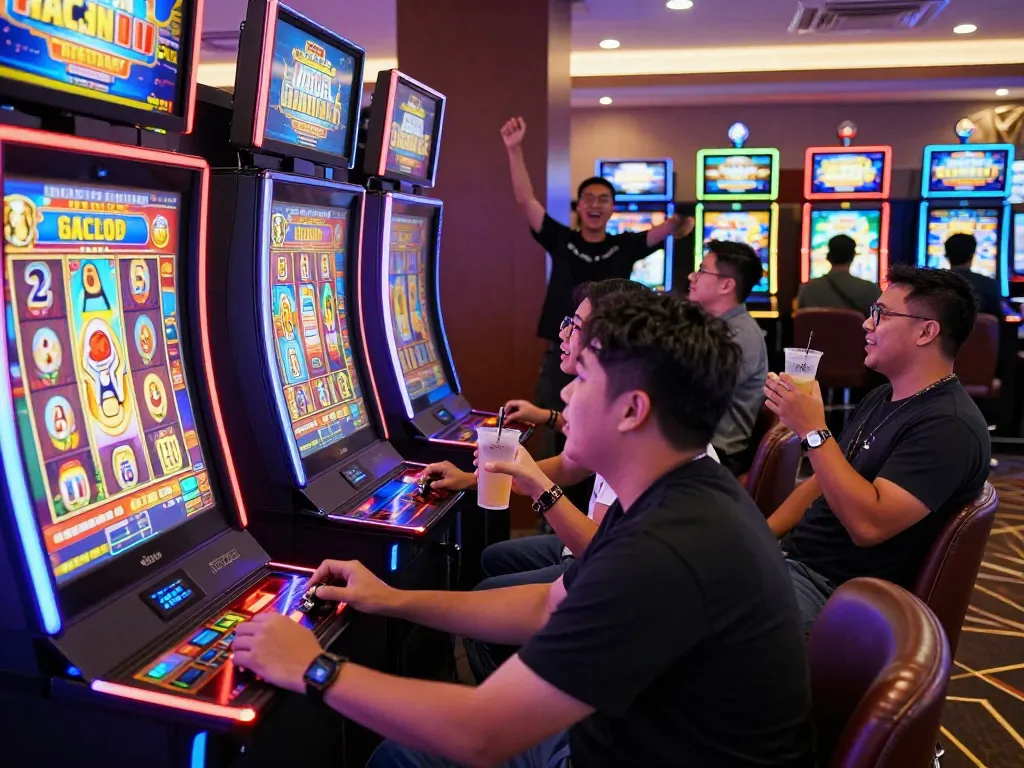 Pemain menikmati suasana yang hidup di kasino, berinteraksi dengan mesin slot gacor hari ini di tengah cahaya yang berwarna-warni dan kegembiraan.