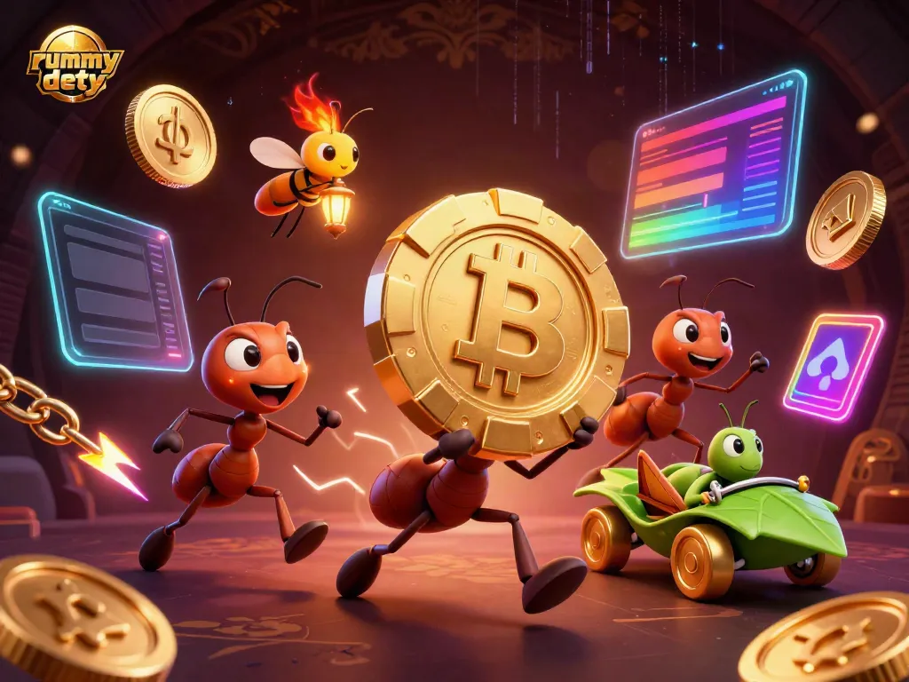 Rummy Deity memuat gambar kartun 3D dengan karakter semut yang membawa chip poker emas dalam dunia game online.