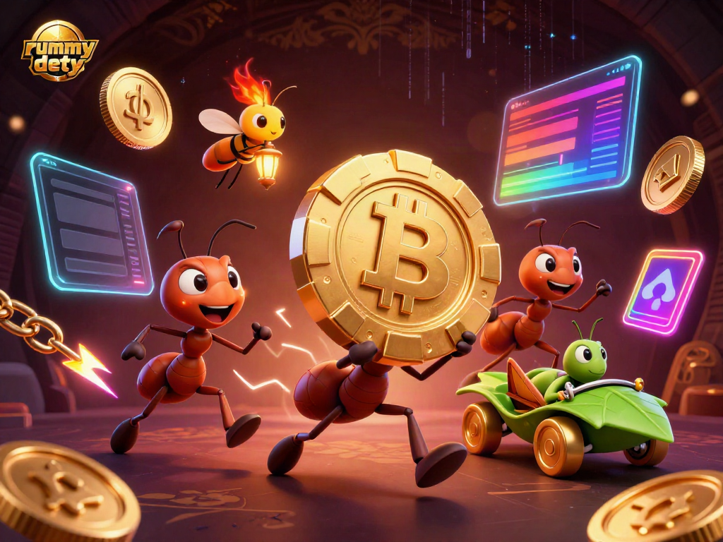 Rummy Deity memuat gambar kartun 3D dengan karakter semut yang membawa chip poker emas dalam dunia game online.