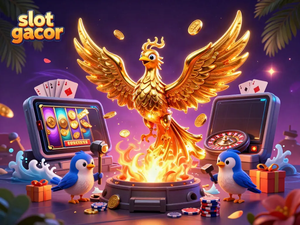 Capture the excitement of slot gacor with a golden phoenix and vibrant casino elements in a 3D illustration.