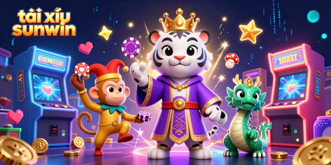 Engage in tài xỉu sunwin with an illustrated scene featuring a royal tiger, a jester monkey, and dynamic gaming elements.