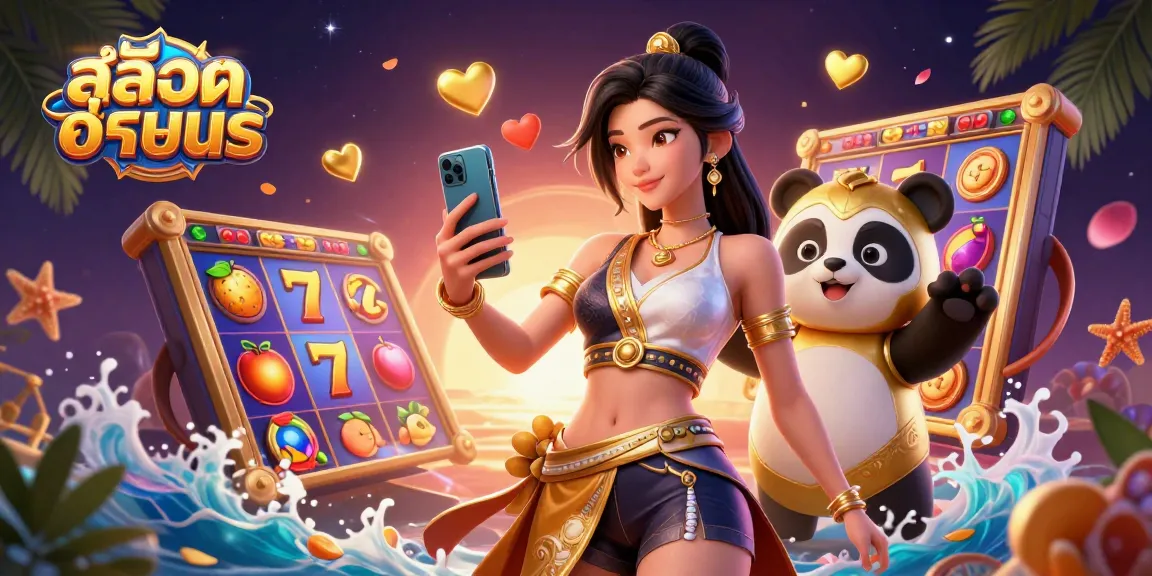 Enjoy exciting สล็อตทดลอง gameplay with a golden panda and Asian woman in a vibrant casino scene.