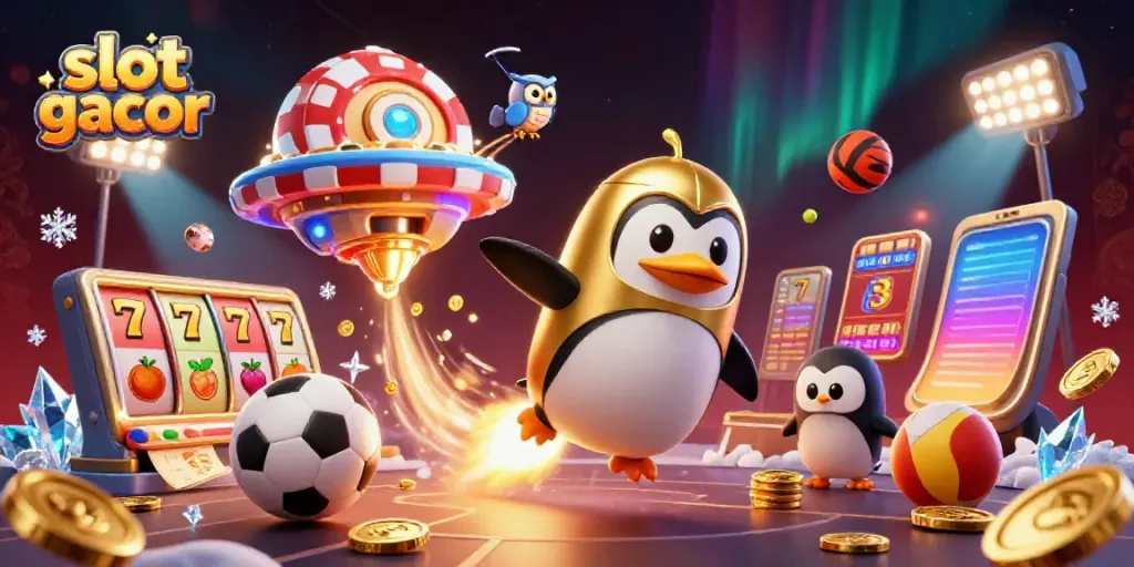 Experience the excitement of slot gacor with a golden penguin soaring toward a vibrant casino.
