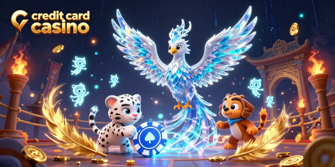 credit card casino scene featuring an ice phoenix and playful snow leopard cub amidst vibrant casino elements