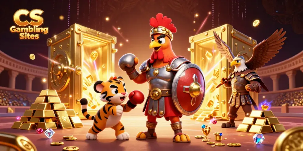 Engaging scene showcasing a rooster in Roman armor, symbolizing CS Gambling Sites, amidst riches and energy.