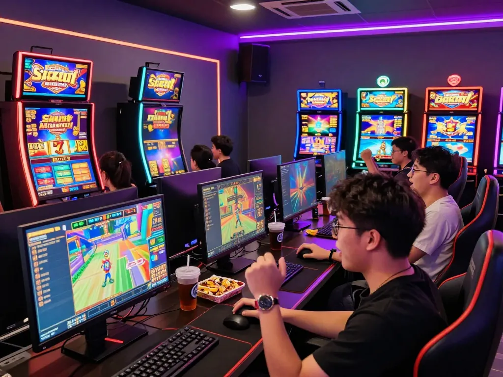Adegan permainan yang menarik dengan pemain yang menikmati situs slot gacor slot online, grafik yang cerah dan suasana yang meriah.