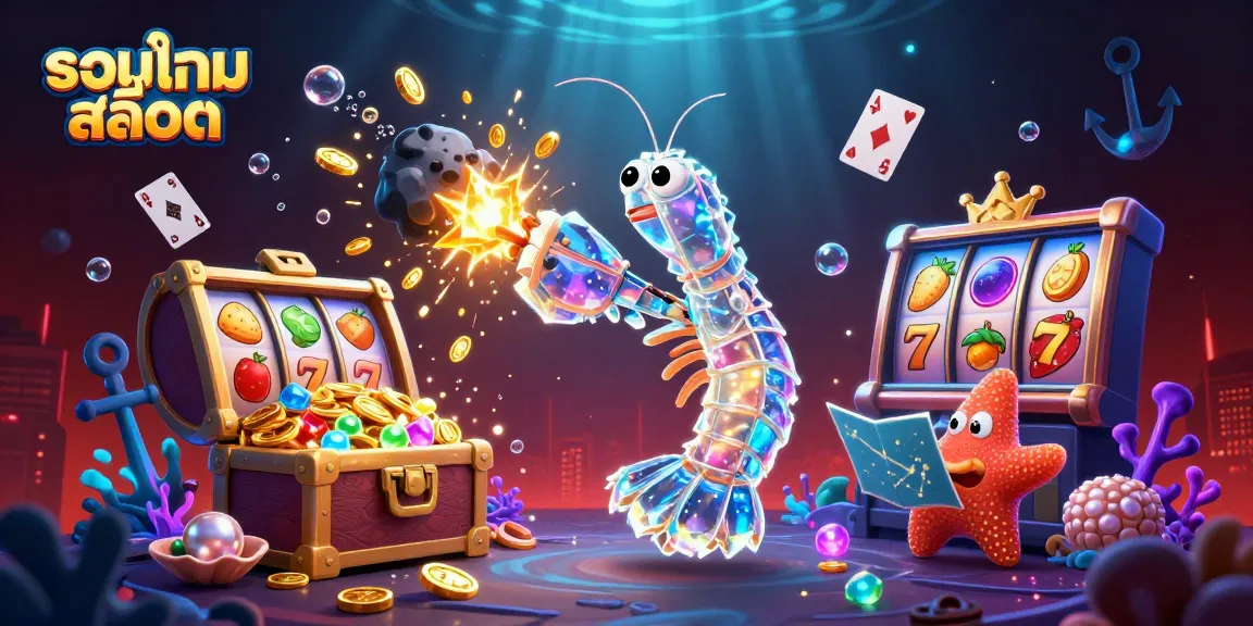 Join the fun with รวมเกมสล็อต as the galactic samurai mantis shrimp bursts through golden gems and coins in a dazzling casino scene.