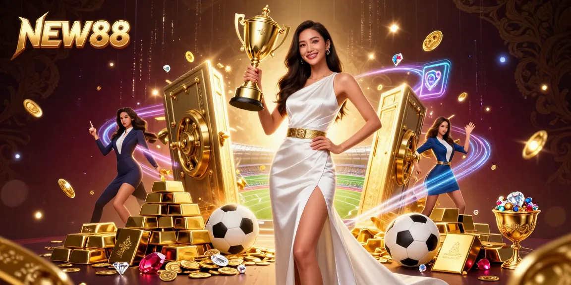 Experience thrilling sports betting at NEW88 with a majestic winner celebrating in an ultra-detailed casino scene.
