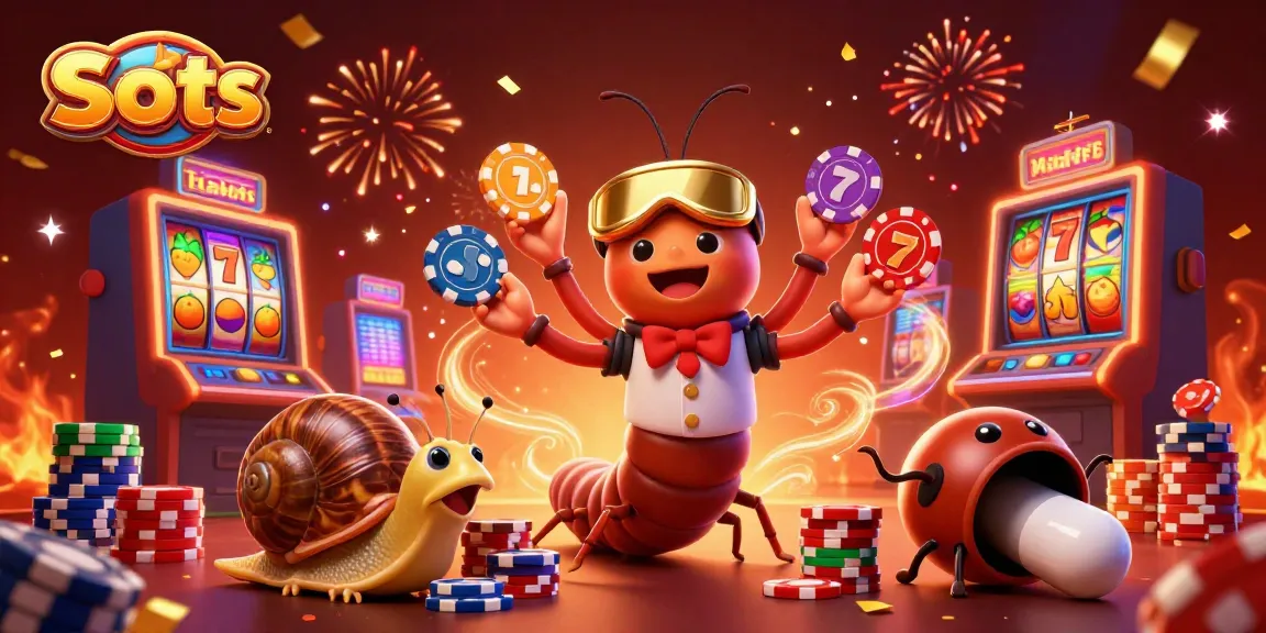 Slots illustration showcasing a dealer and characters with vibrant slot reels and jackpot elements.