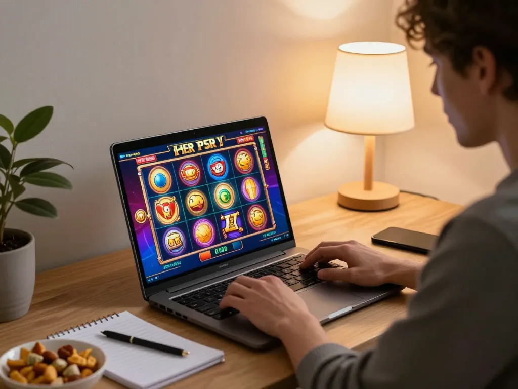 Player enjoying slot games on laptop while planning winning strategies at home