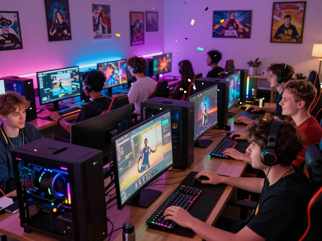 Dynamic online gaming scene with players enjoying 88aa gaming experience, showcasing colorful setups and community interaction.