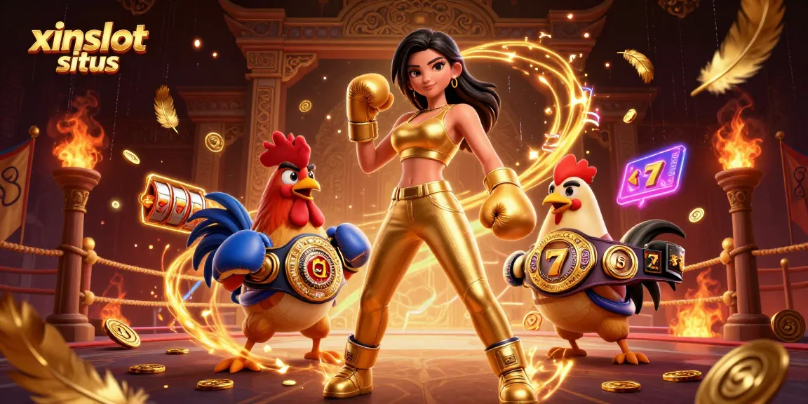 xinslot situs showcases dynamic online gaming action with a powerful woman, championship rooster, and gold elements.