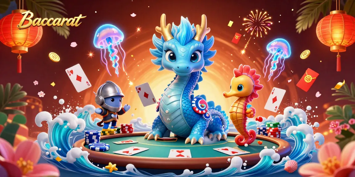 Baccarat players strategizing at a lively poker table surrounded by vibrant gaming elements.
