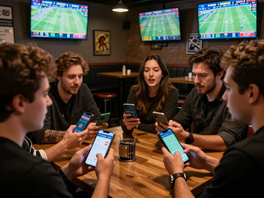 Exciting live sports betting scene at af88 com, showing fans engaging with apps and game stats.