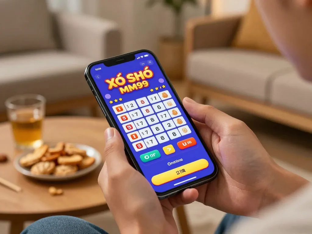 Xổ Số MM99 player enjoys a strategic online lottery game at home, smartphone in hand.