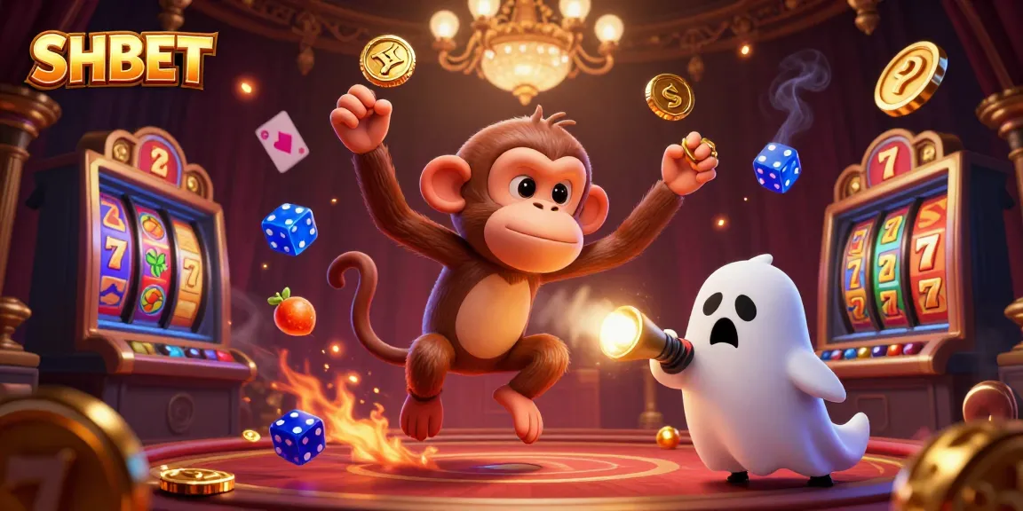 Engage with the dynamic casino scene showcasing SHBET's playful monkey and curious puppy amidst golden winnings and thrilling slot elements.
