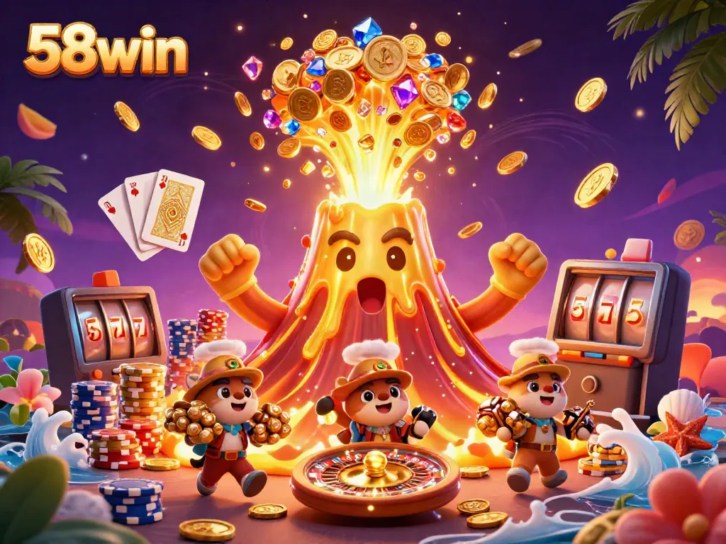 Experience the thrill of 58win with vibrant illustrations of casino games and treasures.