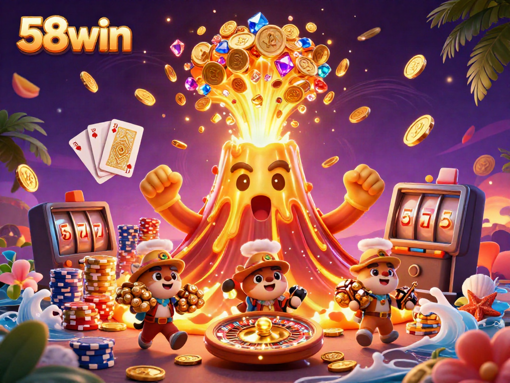 Experience the thrill of 58win with vibrant illustrations of casino games and treasures.