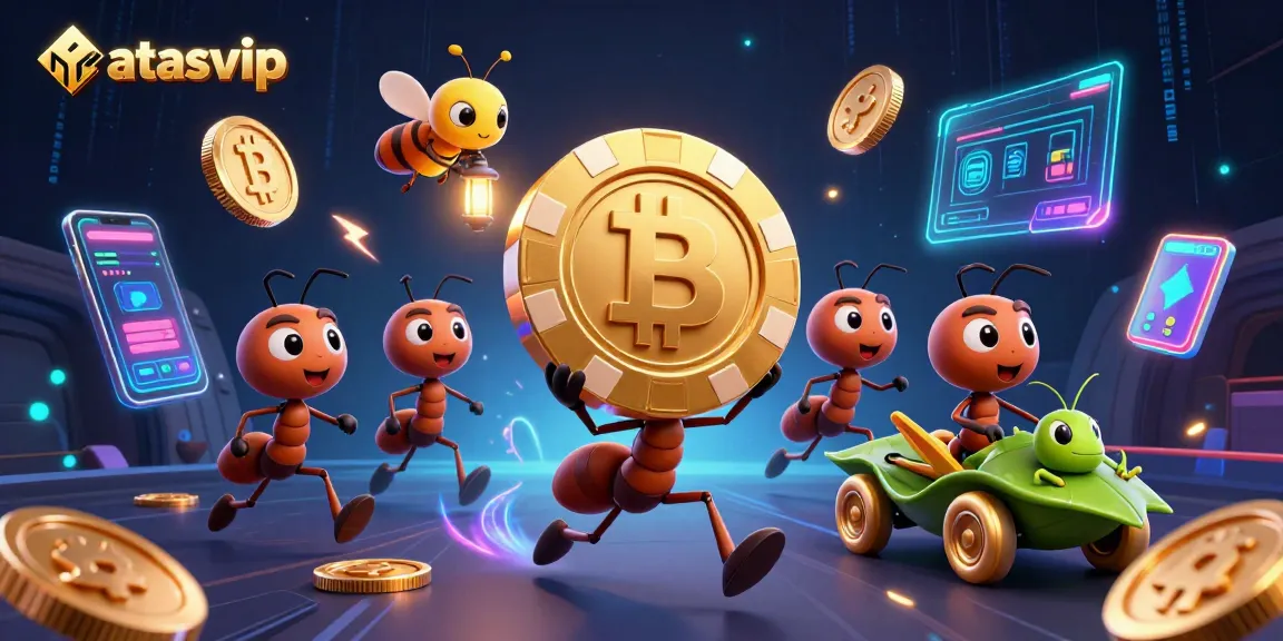 Ants and a grasshopper engage in a playful heist in atasvip's vibrant online casino environment.