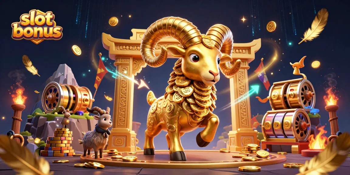 Experience the thrill of slot bonuses with engaging 3D casino art, featuring a golden ram charging through a vibrant scene.