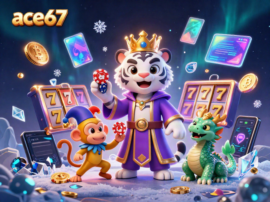 Experience the captivating ace67 casino atmosphere with a royal white tiger and playful monkey amidst vibrant gaming elements.