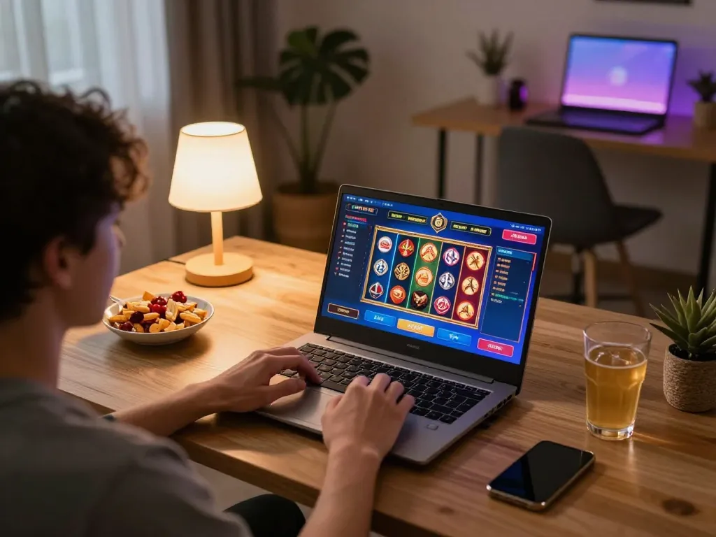 Player enjoying ZKJJ188 casino games on a laptop in a cozy home setup, emphasizing responsible gaming.