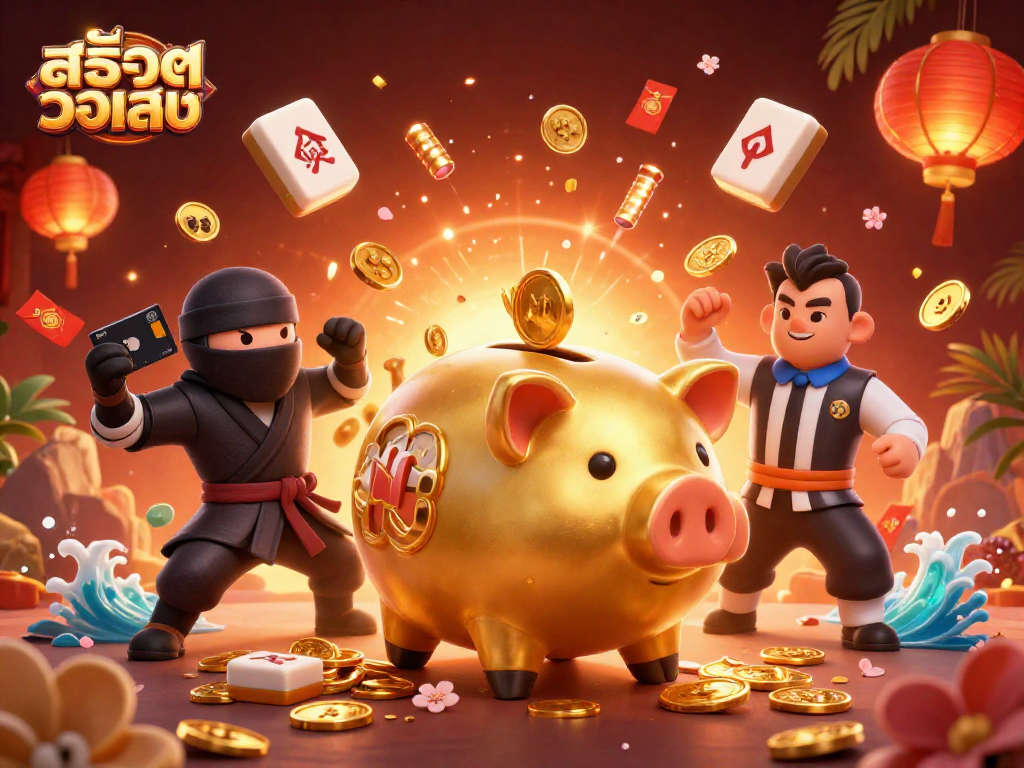Experience สล็อตวอเลท with a golden piggy bank sumo and vibrant, dynamic elements in a casino-themed illustration.