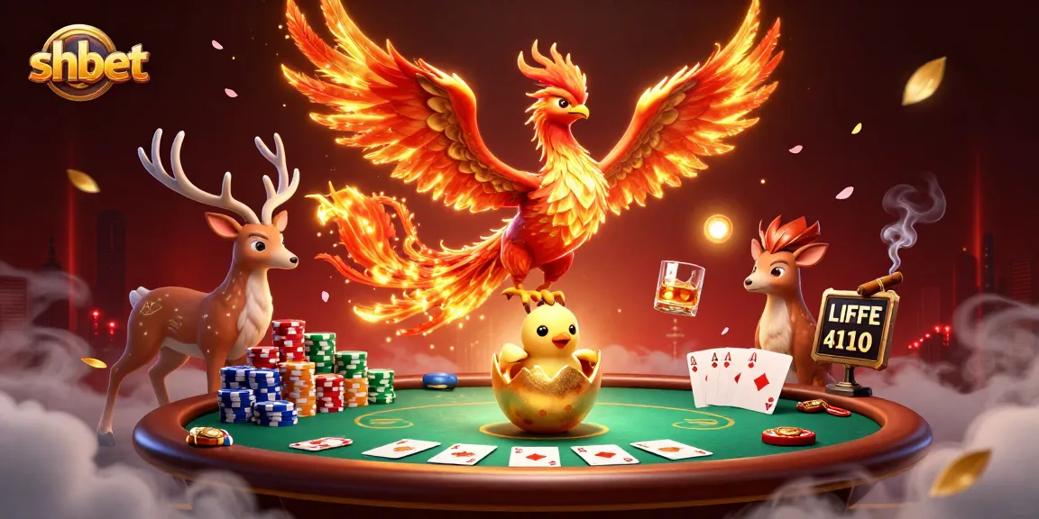 Place bets at shbet while witnessing a 3D phoenix and stag in a dynamic casino scene.