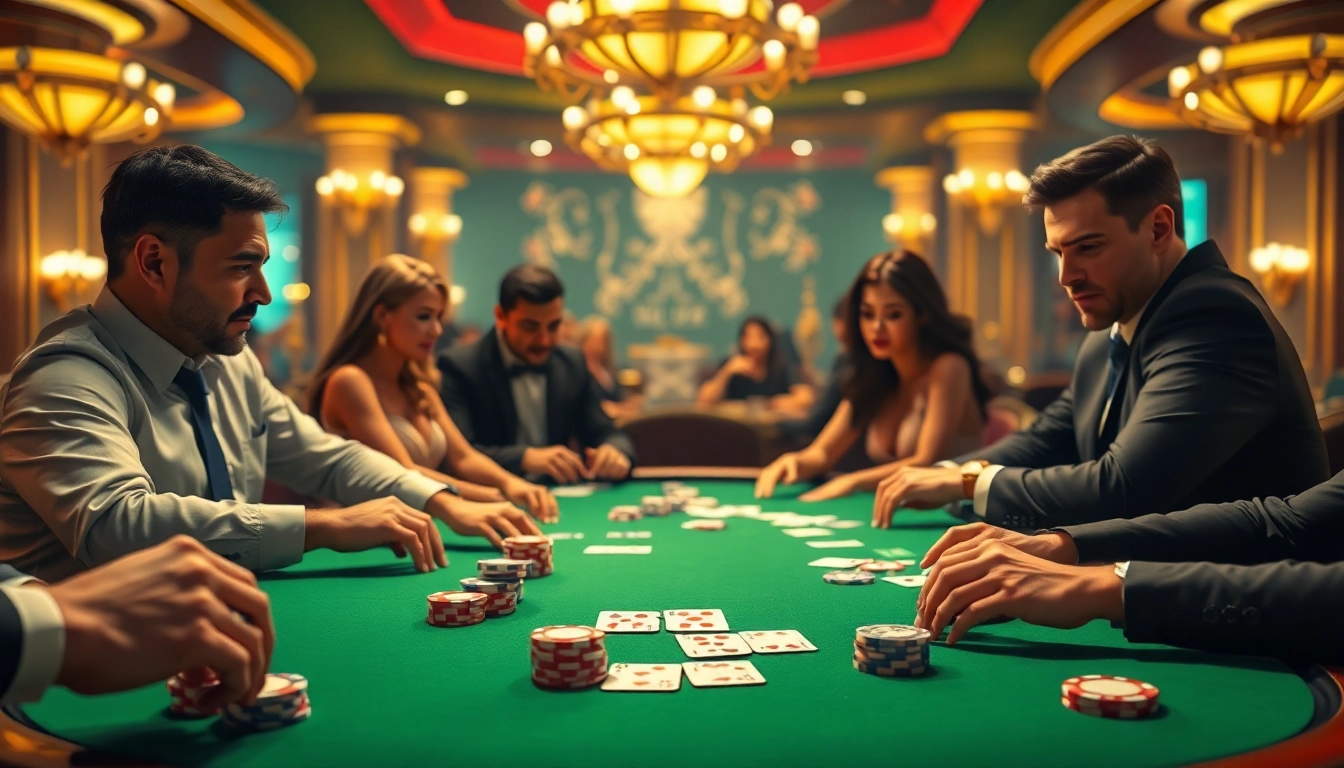 Engaged players at a thrilling poker game, showcasing intense emotions and strategies.