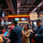 Engaging scene of online Betting in a vibrant sportsbook with people placing bets.