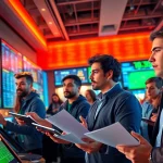 Engaging sports betting scene with bettors analyzing odds and statistics for excitement.