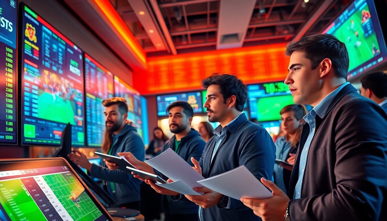 Engaging sports betting scene with bettors analyzing odds and statistics for excitement.
