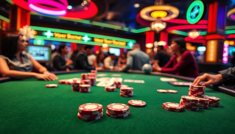 Engaged players at a casino poker table enjoy the thrill of the game.