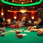 Engage in a vibrant blackjack casino game featuring a focused player and lively ambiance.