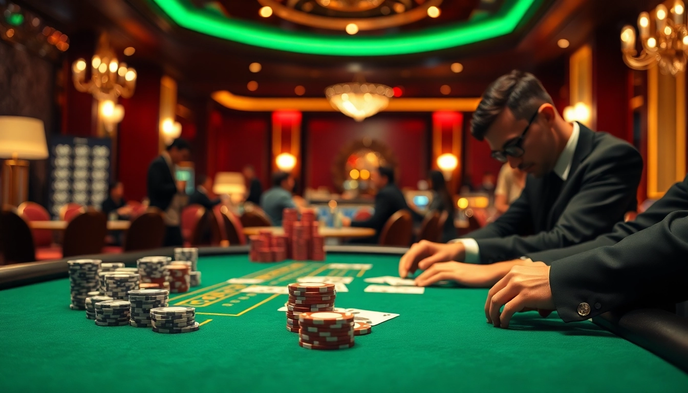 Engage in a vibrant blackjack casino game featuring a focused player and lively ambiance.